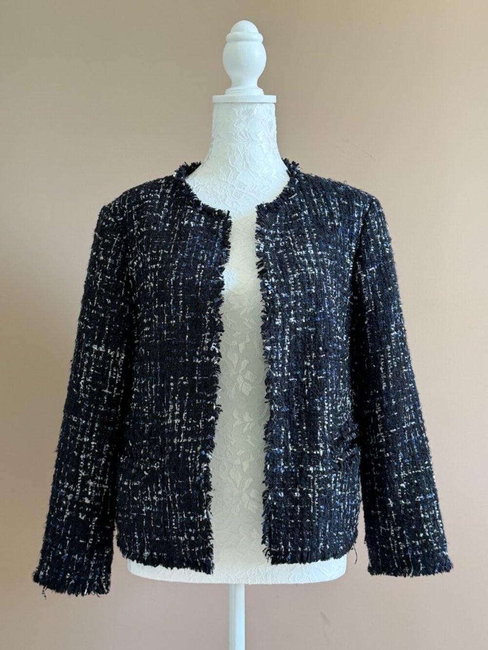 Ann Taylor Collarless Tweed Bouclé Fringe Jacket